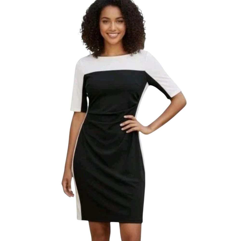Lauren by RL Black & White Ruched Short‎ Sleeve Sheath Dress Size 14